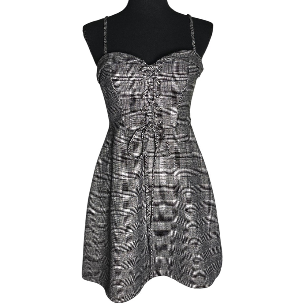Cooperative Plaid Retro Mini Dress Sweetheart Lace Up Corset Sz 2 Punk Y2K